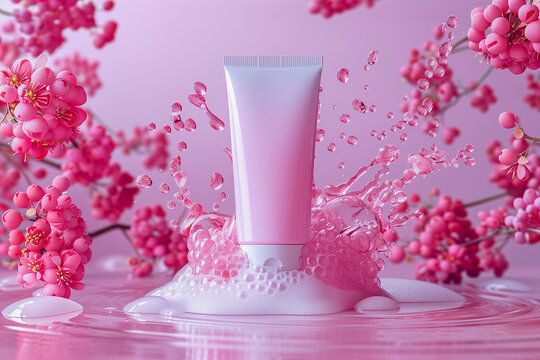 Pink mock up gel, shampoo or lotion bottle on foamy fresh background with spring flowers. Space for text