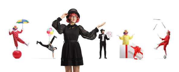 Female magician presenting clowns, mime and a juggler