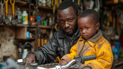 Foto op Canvas 13. Bike Maintenance Lesson: A father teaches his child how to perform basic bike maintenance tasks, such as inflating tires and oiling chains, in a cozy garage workshop filled wit © Наталья Евтехова