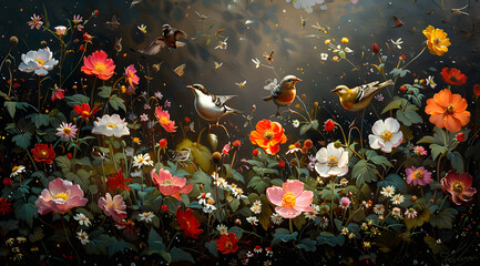 Fototapeta na wymiar Garden Life Abounds: Oil Painting Evokes Bustling Ecosystem of Flora and Fauna