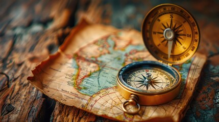 A golden compass sits on top of an old world map.