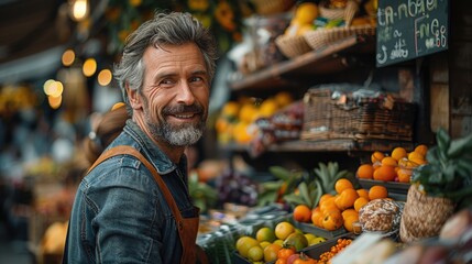 A greengrocer stands in his shop, surrounded by fresh fruits and vegetables. He is smiling and wearing an apron. - Powered by Adobe