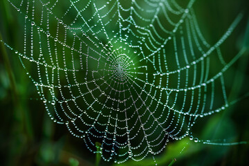 Morning dew on cobweb in green field. Macro shot with natural lighting. Spring freshness and nature concept
