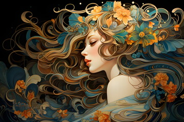 art nouveau girl with hair