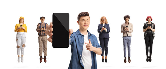 Guy holding a smartphone and pointing, group of people with smartphones in the back