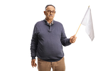 Mature man holding a white flag