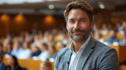 Fototapeta premium A middle-aged man with brown hair and blue eyes is standing in front of a large audience. He is wearing a suit and tie and has a confident smile on his face.