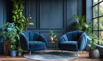  Blue velvet armchairs with round coffee table near window and green plants on dark blue wall in cozy home interior. Created with Ai