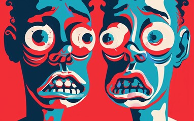Two male faces with big eyes and open mouths. The faces are in a cartoonish drawn style. The scene is disturbing. OMG emotions. Illustration for cover, card, postcard, interior design, decor or print.