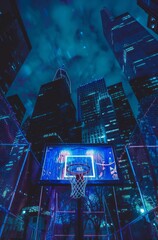 A mesmerizing basketball court with a neon-lit backboard set against a backdrop of towering city buildings
