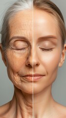 A composite image contrasting the smooth skin of a young woman with the wrinkled skin of an elderly woman