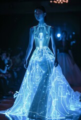 A model displays an avant-garde glowing dress on the runway, creating a striking, futuristic image