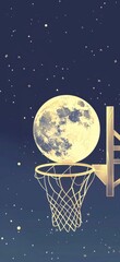 An artistic representation of a basketball hoop against a moonlit starry sky, evoking dreams and aspirations