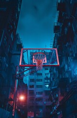 A basketball hoop illuminated by neon lights, creating a striking scene in an urban environment