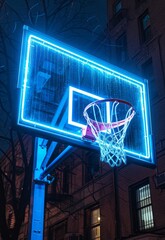 A glowing basketball hoop set against a brick wall background, highlighting urban nightlife and sports