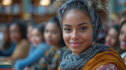 A photo of a young woman with curly hair and a scarf around her head. She is smiling and looking at the camera.
