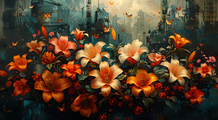 Mechanical Garden: Oil Painting Depicts Nature and Industry in Harmonious Blend