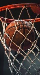 Close view of a basketball caught in the woven net of a hoop with backdrop of dark court