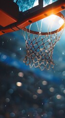Vibrant scene of a basketball hoop against a bokeh light background with dramatic flare