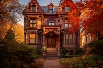 Panoramic view of a beautiful old house in the fall.