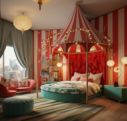 interior of a bedroom with red rose decorated wall