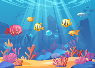Fototapeta na wymiar Sea underwater landscape vector, cartoon corals, seaweeds, seashell and pebbles on sand bottom, marine animals wildlife