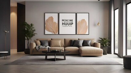 modern living roomInterior design, 3 wall art mockup, brown and black theme, drawing room with sofa set