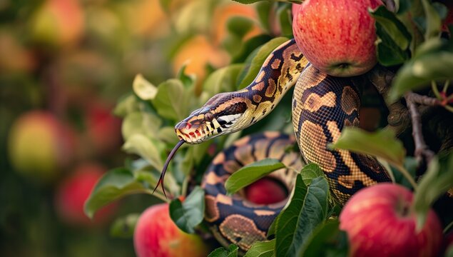 Python Camouflaged in Apple Tree Branches