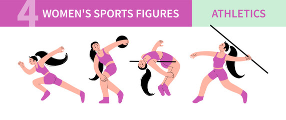 Women Sportsmen Characters Workout set. Professional female athletes. Running, high jumping, discus and javelin throwing. Icons for sports competitions. Modern minimal design. Vector flat Illustration