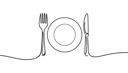 One continuous line plate, knife and fork. Vector illustration.