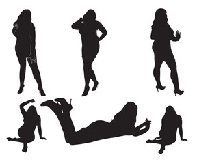 Set of plump sexy women silhouettes in different poses. Vector illustration