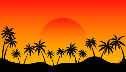 palm trees silhouettes on colorful tropical sunset background, vector illustration