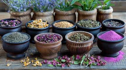 a variety of herbs in wooden bowls on a table - obrazy, fototapety, plakaty