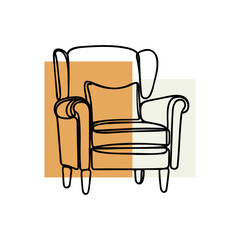 Fototapeta premium Continuous one line drawing armchair hand drawn silhouette clipart. Sketch background