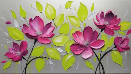 Abstract oil painting of Chartreuse and fuchsia petals, flowers with silver lines, using a palette knife.