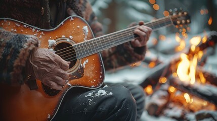 An old man playing guitar by the campfire in the winter