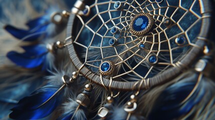 close up of a dreamcatcher decorated with blue feathers and sapphires. 