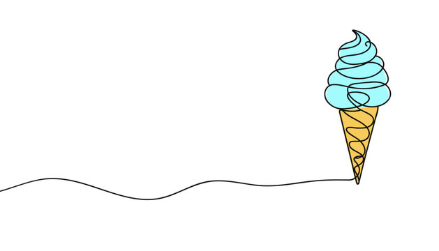 recommend clip art: Soft serve ice cream in waffle cone in continuous line art drawing style. Black line sketch on white background.