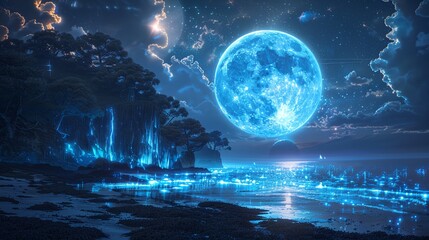 a blue moon is shining in the sky above a body of water