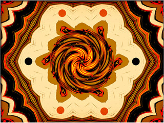 Abstract, In the heart of a symmetrical composition, swirls create a captivating kaleidoscopic effect, with layers of maroon, gold, and black hues 