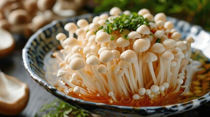 Comfort food dish with enoki mushrooms and sauce on the table
