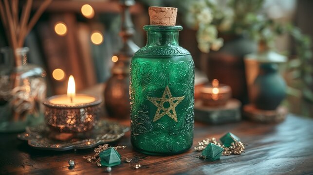 emerald green potion bottle with a pentacle on it on the table with burning candles. 