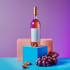 A bottle of wine on a stone podium for advertising wine, with fruits on a multi-colored background