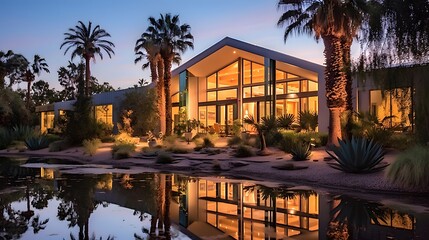 Panorama of a modern villa in the desert with palm trees