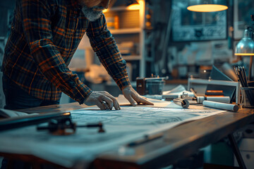 Experienced craftsman working on architectural blueprints in a vintage workshop setting. Ambient studio lighting. Professional and craftsmanship concept for design and print. Workspace with design too