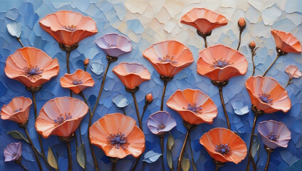 Abstract oil painting of Coral and periwinkle petals, flowers with bronze lines, using a palette knife.