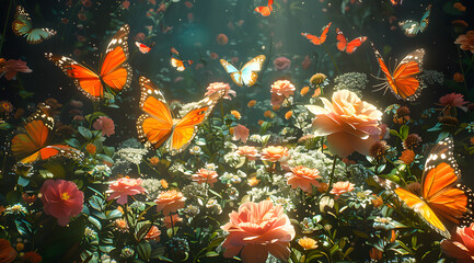 Obraz na płótnie Canvas Augmented Reality Oasis: Oil Painting Depicts Garden Alive with Mechanical Butterflies