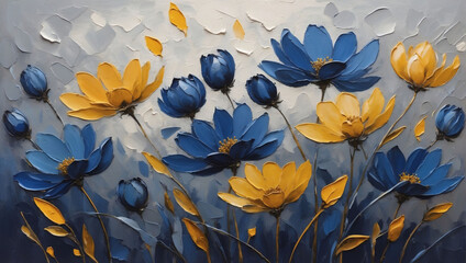 Abstract oil painting of Indigo and mustard petals, flowers with pewter lines, using a palette knife.