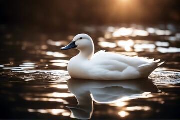 white duck swimming in the water - obrazy, fototapety, plakaty