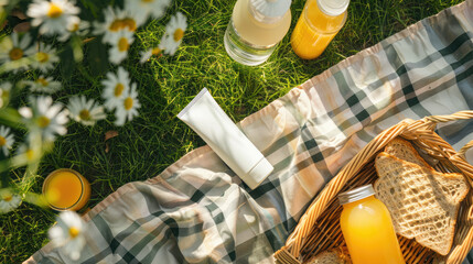 an ultra-detailed top-view photograph of a mock-up sunscreen tube placed on a checked pastel blanket in a wicker basket at a grass in a park under the warm glow of natural sunlight.